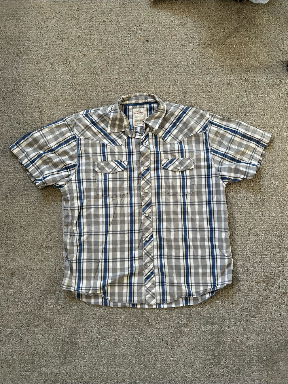 Vintage Route 66 Mens XL Short Sleeve Shirt White Blue Plaid Western Pearl Snap